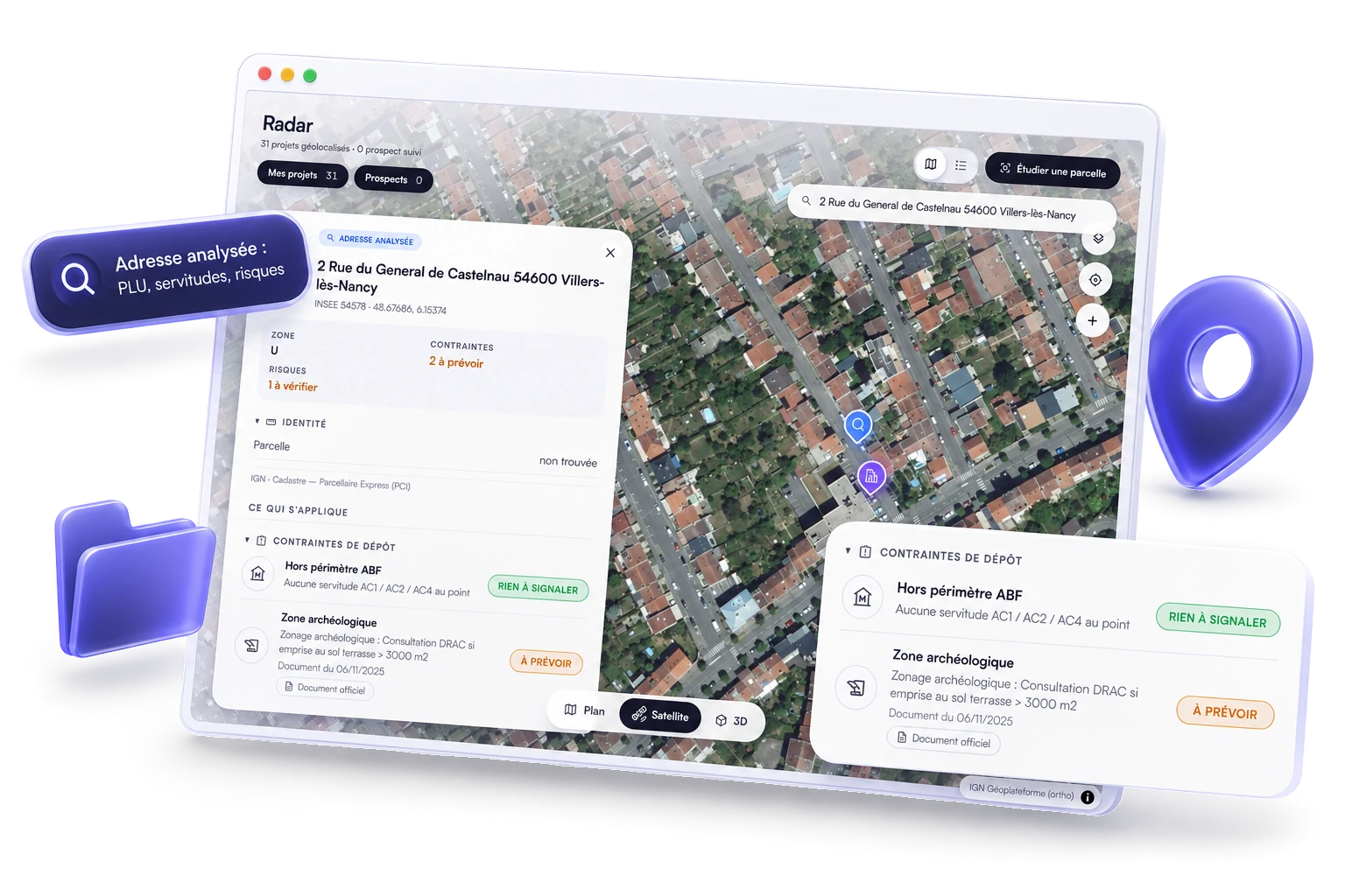 Zonage PLU sur vue satellite, documents d'urbanisme et formulaire d'analyse de faisabilité