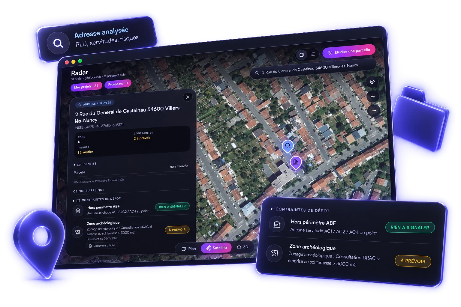 Zonage PLU sur vue satellite, documents d'urbanisme et formulaire d'analyse de faisabilité