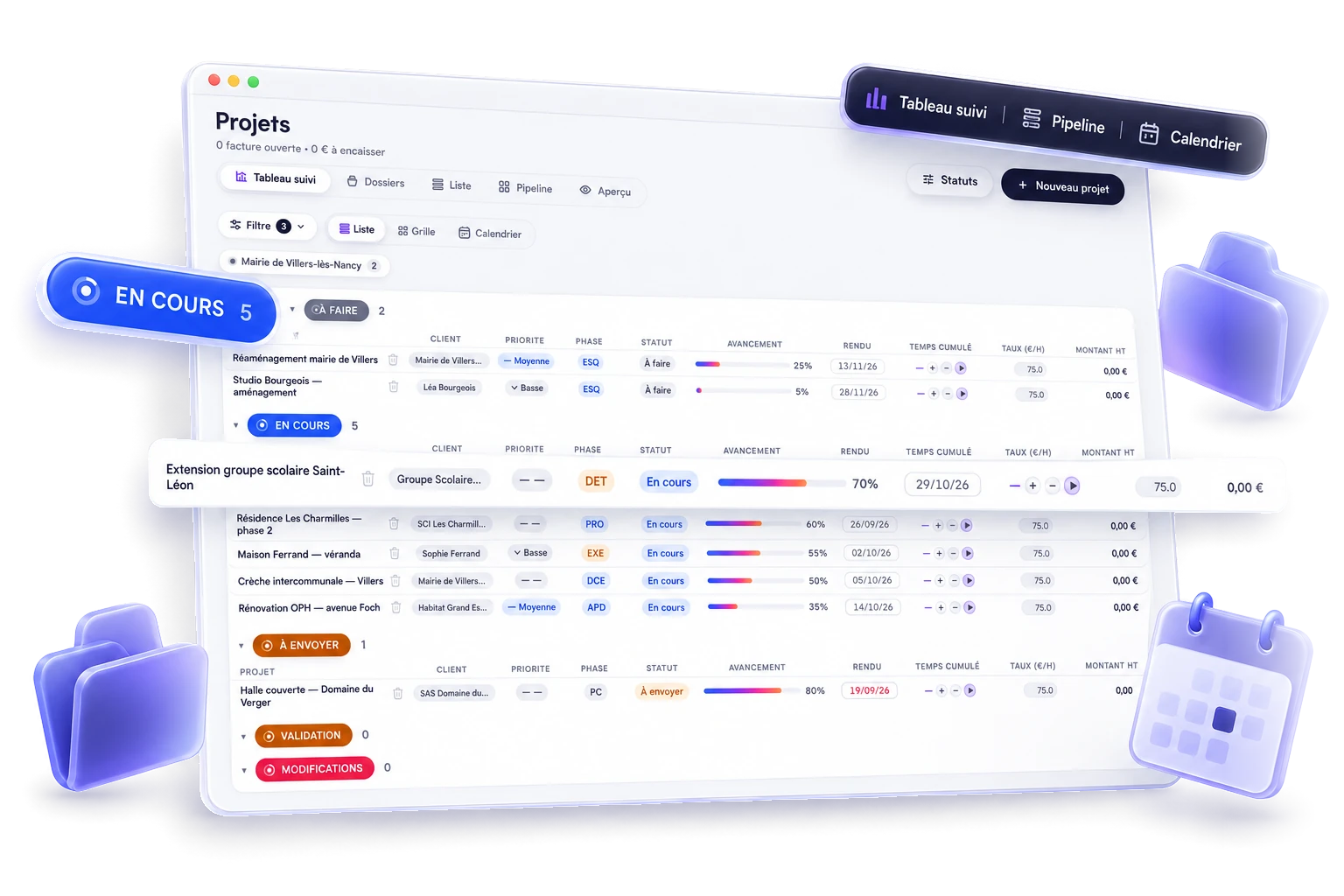 Tableau de suivi des projets groupé par statut, avec phase, avancement, rendu et montant